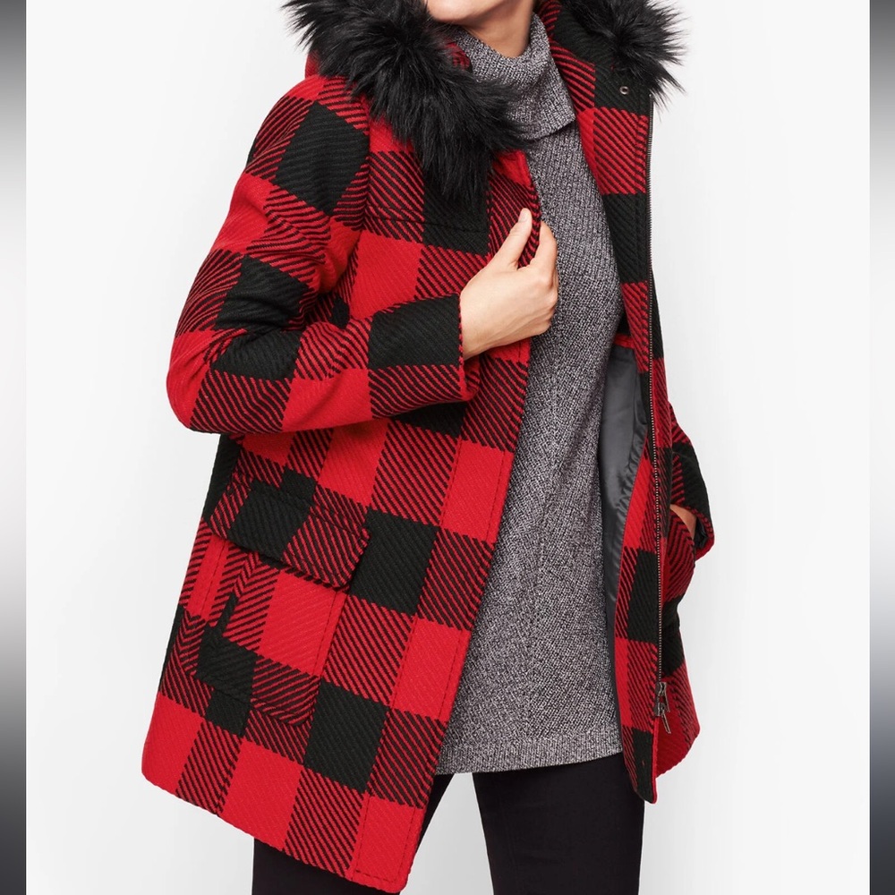 Talbots Faux Fur Trim Wool Blend in Buffalo Check Coat Sz 2